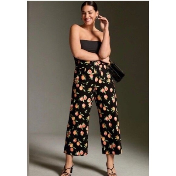 Anthropologie Maeve Women's The Colette Wide Leg Crop Pants Black Peach Size 31 - Picture 1 of 9